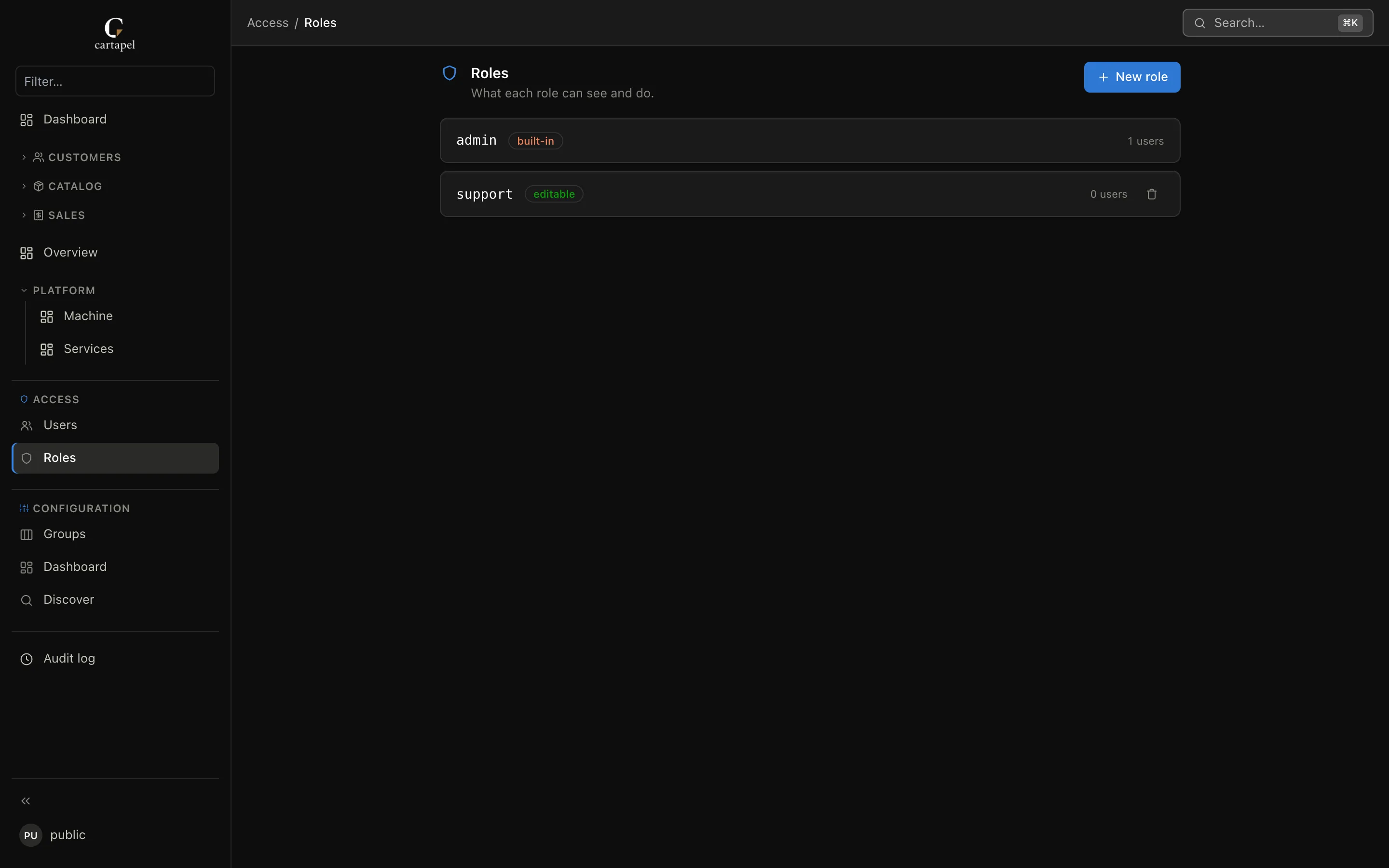 The roles screen in cartapel, listing each role with its table and column permissions